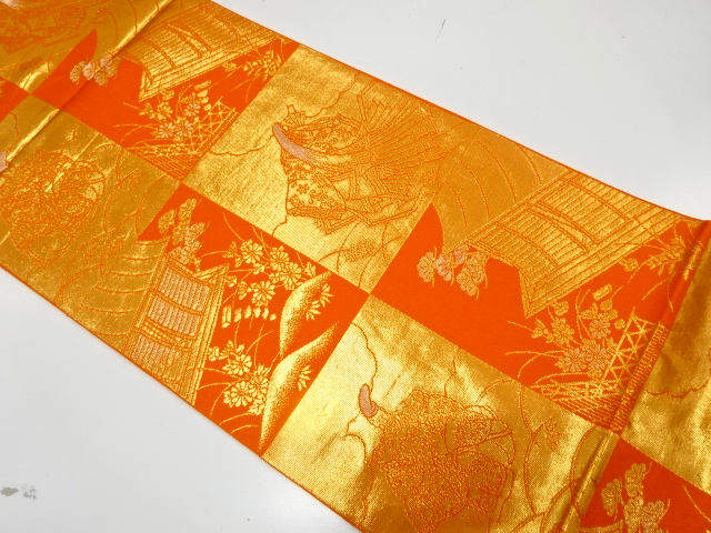 枡に平安人物・屋敷模様織り出し　袋帯